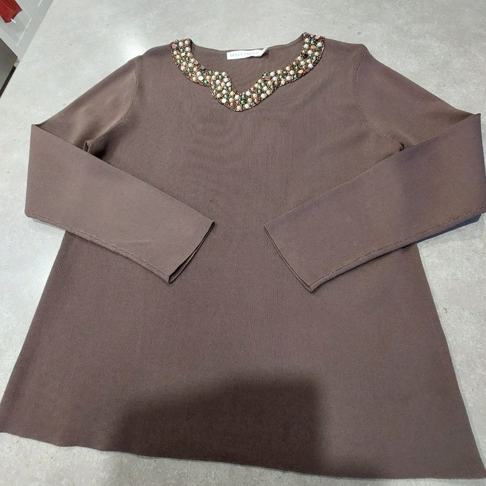 BETA'S CHOICE Women's Brown Heavily Beaded Neckline L/S Sweater - Size Medium